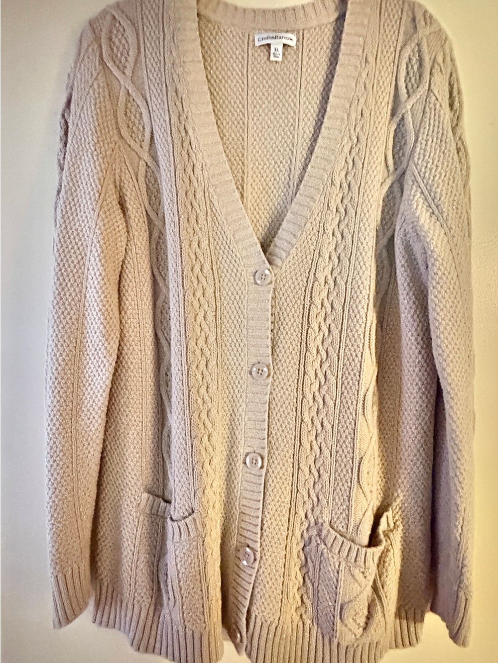 croft & barrow Tan with Gold Metalic Threading Cable-Knit V-Neck Button Cardigan